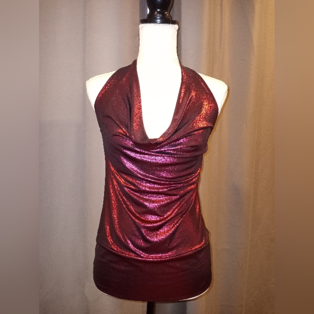 Halter drape neck top. Metallic glitter sparkle. Medium.